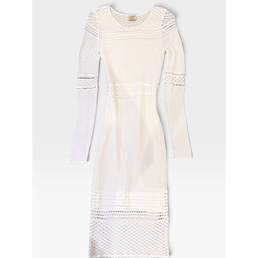 TORN BY RONNY KOBO White Crochet Long Sleeve Midi Dress Small EUC - Picture 2 of 6